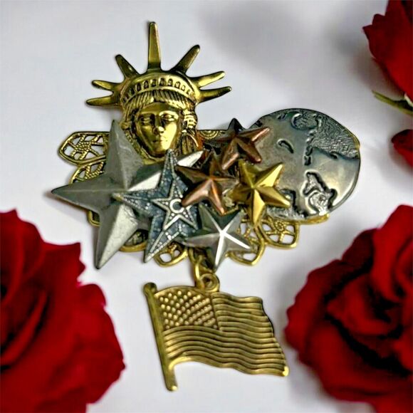 Statue of Liberty Tri-Color Brooch – 2 Inches, Stars & Flag, Copper, Silver, Bro - Picture 2 of 5